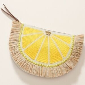 new Stella & Dot Raffia Embroidered Lemon Slice Clutch Citron Bag Canvas Gold